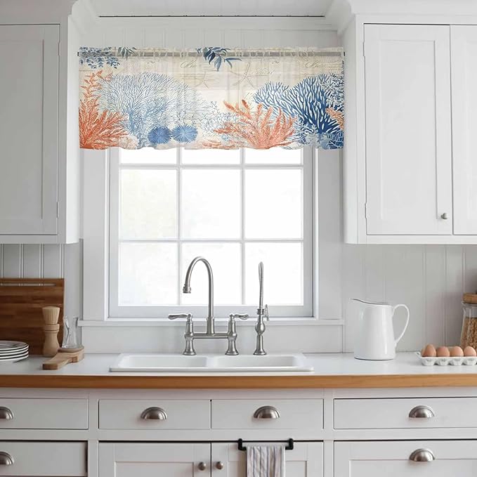 Ocean Corals Sheer Valance Curtains, Summer Beach Coral Sea Stars Retro Texture Light Filtering Kitchen Valances Rod Pocket Voile Curtain Window Treatment for Bedroom/Living Room/Basement 42Wx12L