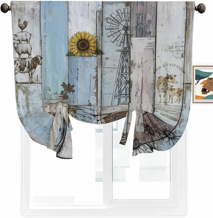 Tie Up Curtains for Windows, Blue Grey Wooden Adjustable Balloon Nature Linen Textured Kitchen Curtain, Farmhouse Barn Sunflowers Retro Tie Up Blackout Curtains for Bedroom, 52 x 63 Inches