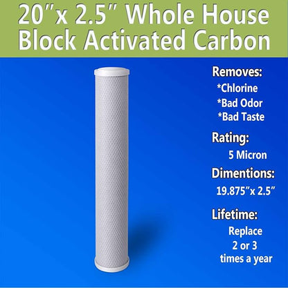 Standard Whole House Coconut Shell Carbon Block 5 Micron Water Filter 20” x 2.5” Fits 20” x 2.5” Housings. Remove Chlorine and Bad Odor. Compatible with C1-20, HX-CB-25-2010, F3WCB32 Pack of 6