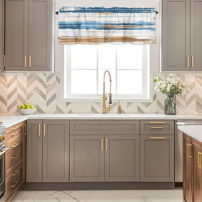 Vintage Blue Valances for Windows, Brown Wood Grain Mottled Texture Abstract Art Kitchen Valance Light Filtering Rod Pocket Short Curtains for Kitchen Bathroom, 1 Panel, 54"x18"
