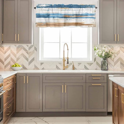 Vintage Blue Valances for Windows, Brown Wood Grain Mottled Texture Abstract Art Kitchen Valance Light Filtering Rod Pocket Short Curtains for Kitchen Bathroom, 1 Panel, 54"x18"