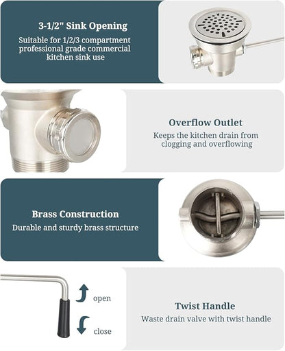 3-1/2 Inch Commercial Sink Drain with Lever Handle Kitchen Sink Opening Waste Drain Valve Stopper Prevents Sink Clogged Overflow for 1/2/3 Compartment Sink Style Drains