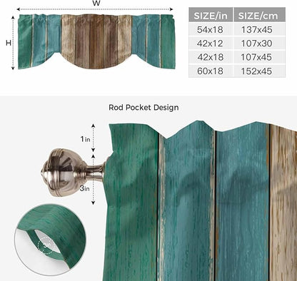 Teal Blue Brown Tie Up Valance Curtains for Windows, Kitchen Curtains Window Shades, Farmhouse Retro Wooden Grain Stripes Light Filtering Roman Curtain Valances for Bedroom/Bathroom/Cafe 60"x18"