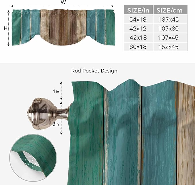 Teal Blue Brown Tie Up Valance Curtains for Windows, Kitchen Curtains Window Shades, Farmhouse Retro Wooden Grain Stripes Light Filtering Roman Curtain Valances for Bedroom/Bathroom/Cafe 42"x12"