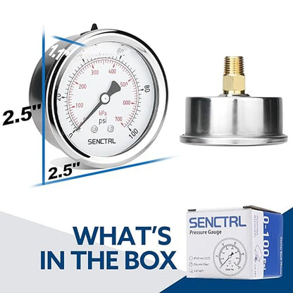 SENCTRL 0-100 Psi Glycerin Liquid Filled Low Pressure Gauge, 2.5" Dial Size, 1/4" NPT Back Mount, Stainless Steel Case, for Water Pump, Pneumatic Air, Well, RV Hose Tank, Pressure Test