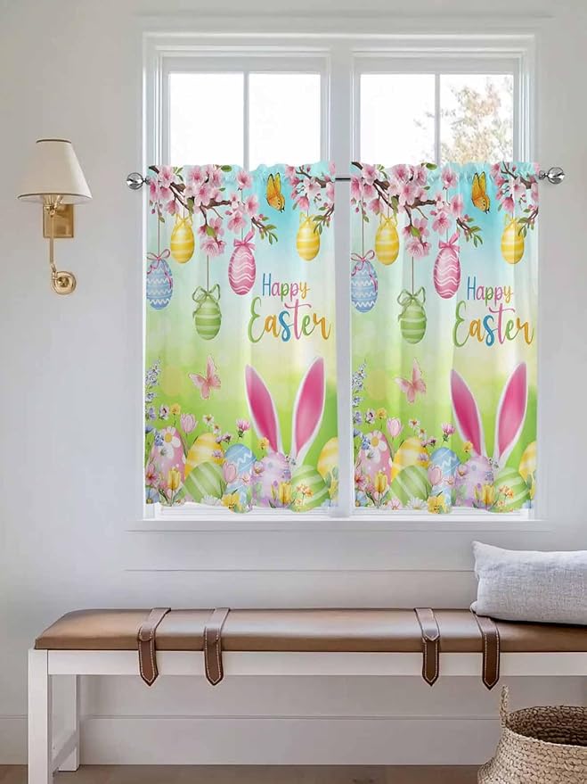 Easter Kitchen Curtains 54 Inches length, Spring Bunny Colorful Rabbit Eggs Butterfly Blue Green Window Treatment Curtain Drapes, Decorative Window Curtains for Bedroom Cafe, 52"x54", 2 Panels