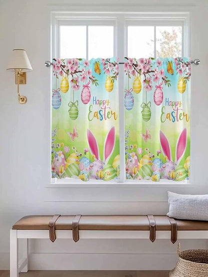 Easter Tier Curtains 45 Inches Long, Spring Bunny Colorful Rabbit Eggs Butterfly Blue Green Window Treatment Curtain Drapes, Window Half Privacy Curtains for Bedroom Bathroom, 42"x45", 2 Panels