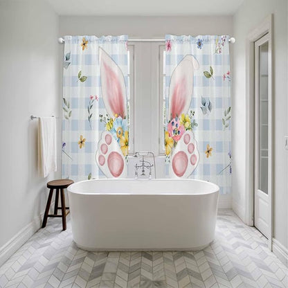 Easter Window Curtains 72 Inch Long 2 Panel Set, Rod Pocket Long Curtains & Drapes, Spring Rabbits Ears Feet Floral Blue Lattice Light Filtering Window Treatment for Bedroom Living Room 52"W x 72"L