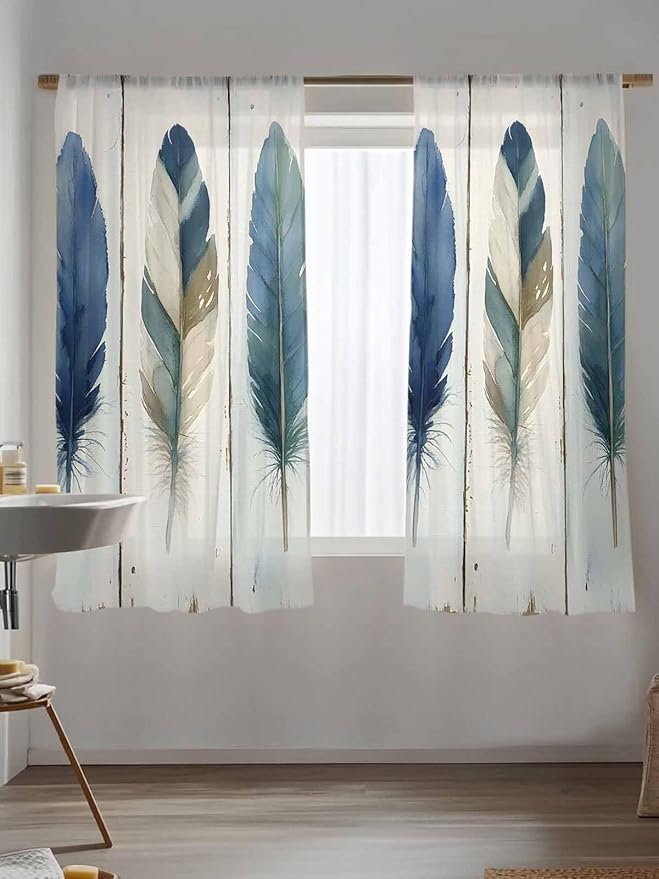 Sheer Curtains 72 Inches Long, Boho Blue Feathers Semi Sheer Curtains Light Filtering Window Treatment, Farmhouse Vintage Wooden Grain Privacy Voile Drapes for Living Room Bedroom 52x72 Inch