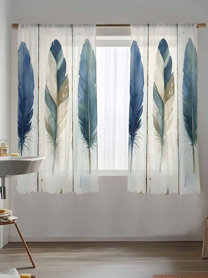 Sheer Curtains 72 Inches Long, Boho Blue Feathers Semi Sheer Curtains Light Filtering Window Treatment, Farmhouse Vintage Wooden Grain Privacy Voile Drapes for Living Room Bedroom 52x72 Inch