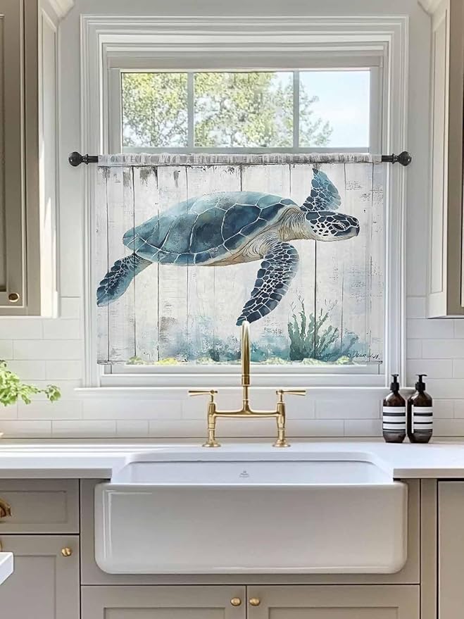Sheer Curtains 45 Inch Length, Sea Turtle Teal Blue Semi Sheer Curtains Light Filtering Window Treatment, Summer Coastal Ocean Wood Grain Privacy Voile Drapes for Living Room Bedroom 52x45 Inch