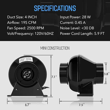 iPower 4" 195 CFM Inline Fan with Upgrade Air Carbon Filter, 8 FT Silver Ducting & Rope Hanger, Ventilation System for Grow Tent, Hydroponics, Air Circulation