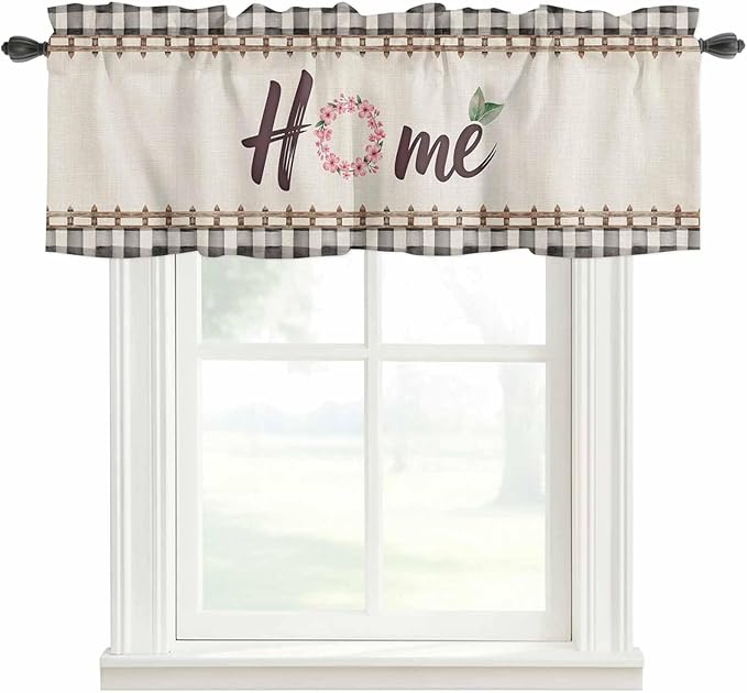 Spring Flowers Curtain Valances for Windows, Kitchen Valance Window Treatment, Vintage Watercolor Black Plaid on Linen Light Filtering Block Curtains for Bathroom/Bedroom/Living Room 60'' x 18''