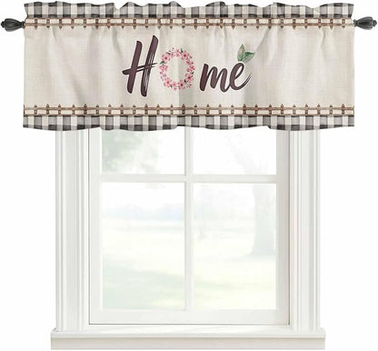 Spring Flowers Curtain Valances for Windows, Kitchen Valance Window Treatment, Vintage Watercolor Black Plaid on Linen Light Filtering Block Curtains for Bathroom/Bedroom/Living Room 54'' x 18''