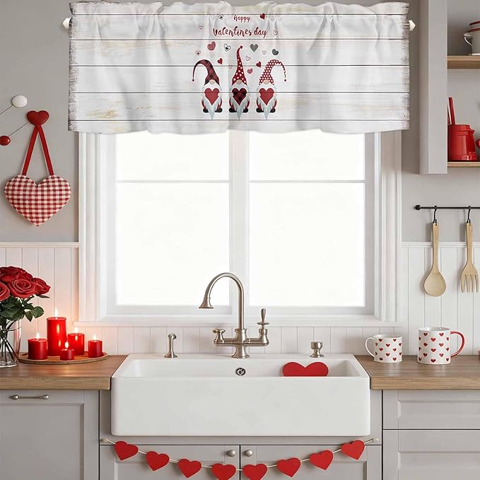 Happy Valentine's Valance Curtains for Kitchen, Day Gnomes Love Heart on Rustic Wood Grain Privacy Rod Pocket Valance Curtain, Light-Filtering Window Treatment for Bedroom Bathroom, 60"x18"