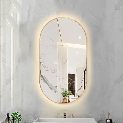 Oval LED Illuminated Bathroom Mirror, Wall-mounted Vanity Makeup Mirror with Demister Pad, 3 Dimmable Color Temperatures & Touch Control, Metal Frame Anti-Fog Lighted Wall Mirror ( Color : Rose Gold F