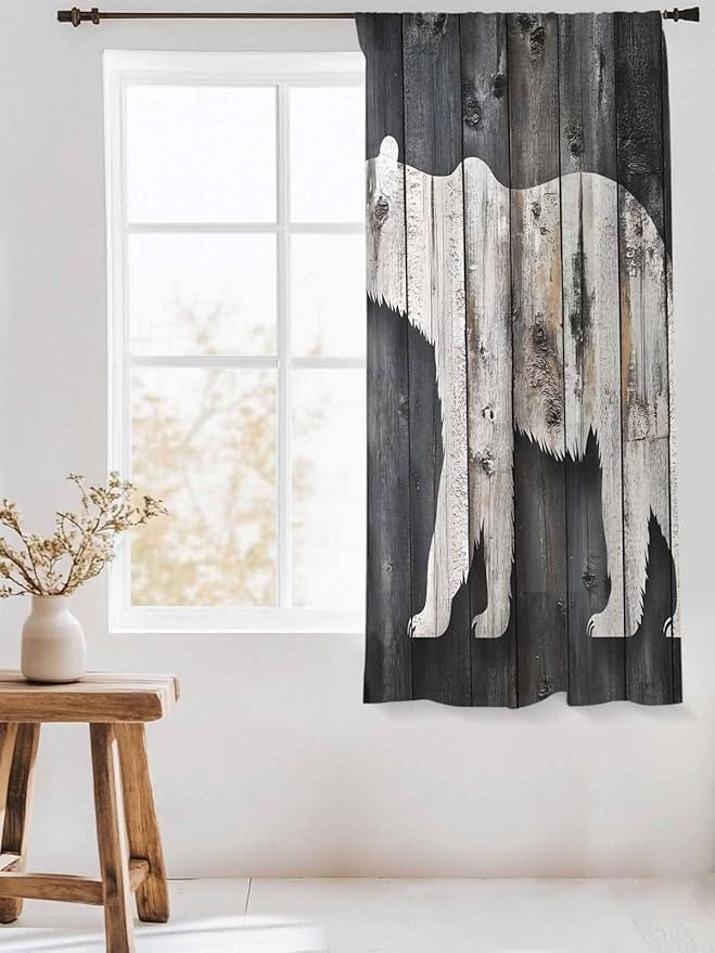 Sheer Curtains 72 Inches Long, White Brown Bear Semi Sheer Curtains Light Filtering Window Treatment, Farmhouse Country Vintage Wood Grain Privacy Voile Drapes for Living Room Bedroom 52x72 Inch
