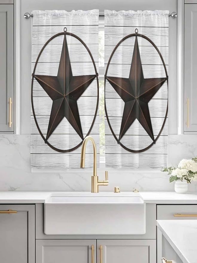 Vintage Farm Western Star Window Valance Curtains, White Wood Grain Light Filtering Kitchen Valance with 3-inch Rod Pocket for Living Room Bathroom Bedroom,2 Panel,52x72In
