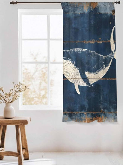 Sheer Curtains 63 Inch Length, Summer Whale Blue Semi Sheer Curtains Light Filtering Window Treatment, Coastal Ocean Vintage Wooden Grain Privacy Voile Drapes for Living Room Bedroom 52x63 Inch