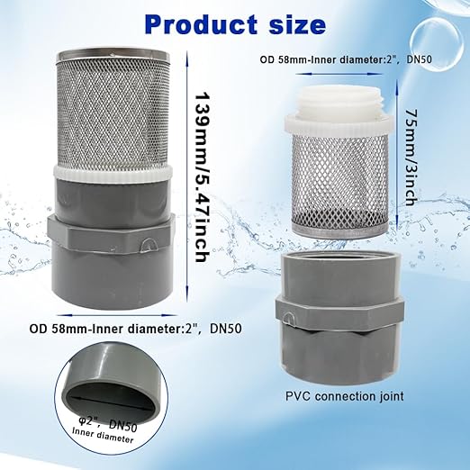 2" Stainless Steel Filter Cover Connected to 2 inch/DN50 Grey PVC Filter Water Pipe, Suction Strainers Used to Remove Debris and Reduce Solid Entry（1pcs）