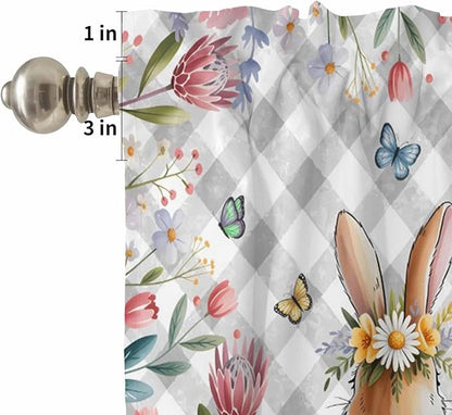 Kitchen Curtains Tiers and Valance Set of 3, Easter Light Filtering Window Curtain Set, Spring Rabbit Butterfly Botanical Florals Grey Plaid Rod Pocket Curtain Drapes for Living Room, 36 Inches Tiers