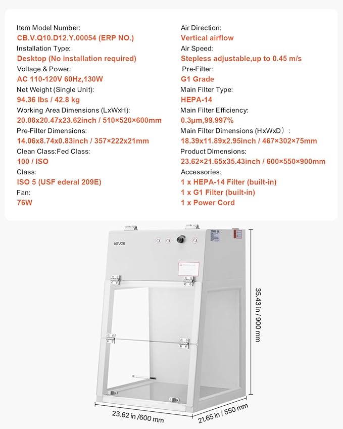 VEVOR Laminar Flow Hood, 20.08 x 20.47 x 23.62 inch Working Area Portable Clean Room, Meets ISO Class 5 Clean Room Standards, Adjustable, with HEPA-14 Filter and G1 Pre-Filter, for Laboratory Use