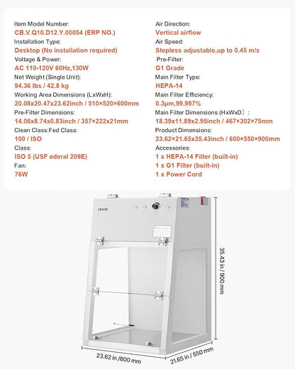 VEVOR Laminar Flow Hood, 20.08 x 20.47 x 23.62 inch Working Area Portable Clean Room, Meets ISO Class 5 Clean Room Standards, Adjustable, with HEPA-14 Filter and G1 Pre-Filter, for Laboratory Use