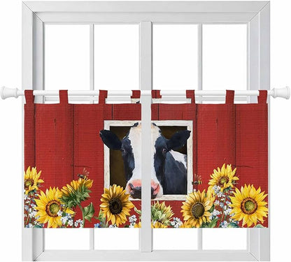 Cow Sunflowers Kitchen Curtains 24 Inch Length, Small Window Curtains Tab Top, Botanical Floral Leaves Bees Farm Barn Light Filtering Short Window Treatments Tier Drapes 27.5"x24" 2 Panel