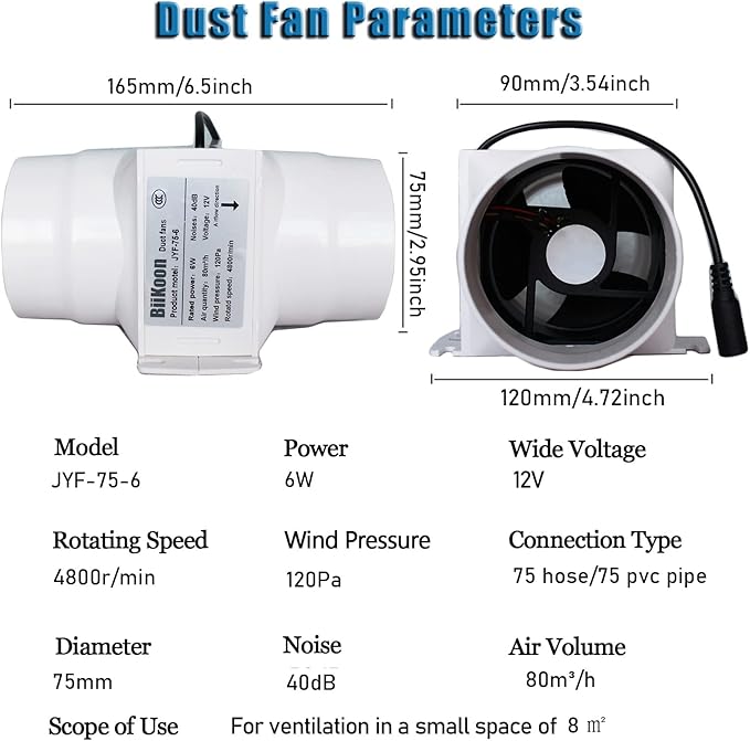 3 Inch Inline Duct Extractor Fan 75Mm 12V Powerful Exhaust Blower Speed Controller 6W Inline Booster Air Diffuser Fan for Grow Tents Workshop (Color : NO Adjustable Speed, Size : 6w)