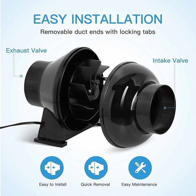 iPower 4 Inch 195 CFM Inline Fan Upgrade, Air Carbon Filter, 8 Feet Flexible Ducting and Rope Hanger, Ventilation Exhaust Blower Kits for Grow Tent, HVAC Heating Cooling