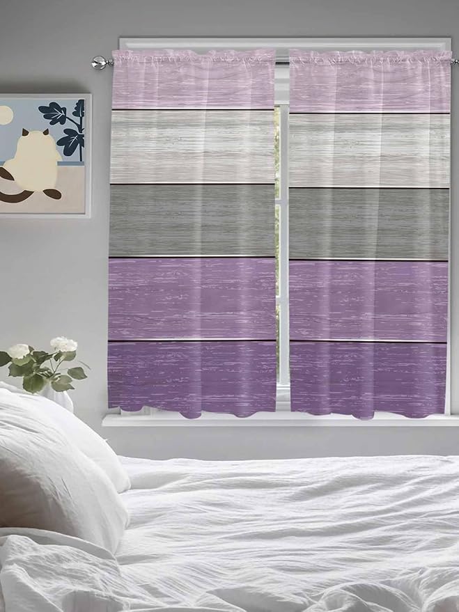 Country Wood Board Gray Purple Window Valance Curtains, Farmhouse Gradient Plank Light Filtering Kitchen Valance with 3-inch Rod Pocket for Living Room Bathroom Bedroom,2 Panel,52x72In