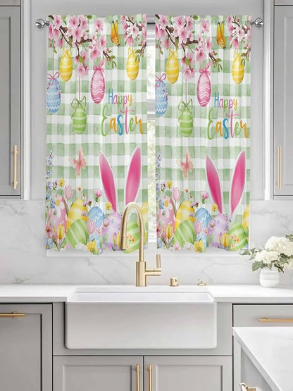 Happy Easter Bedroom Curtains 63 Inches length, Spring Bunny Eggs Flower Sage Green Plaid Window Treatment Curtain Drapes, Rod Pocket Curtain Panels for Living Room Kitchen, 42"x63", 2 Panels