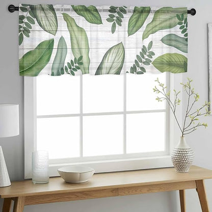 Summer Palm Leaf Sheer Valance Curtains, Green Tropical Plants Nature Leaves Wood Grain Light Filtering Kitchen Valances Rod Pocket Voile Curtain Treatment for Bedroom/Living Room/Basement 42Wx18L