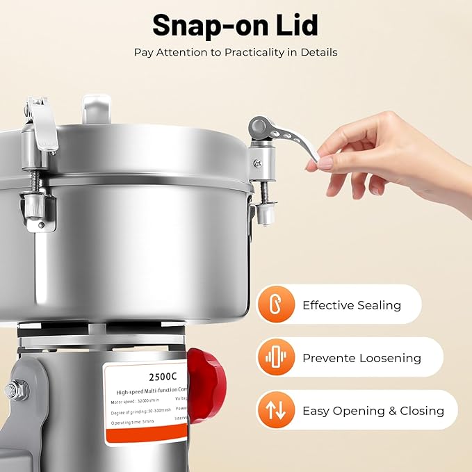 Electric Grain Mill, 2500g Capacity High-speed Grain Mill Grinder, Food-grade Stainless Steel Cereals Corn Flour Pulverizer Powder Machine for Dry Spice Herbs Grains Coffee Rice Pepper