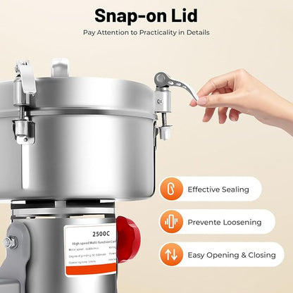 Electric Grain Mill, 2500g Capacity High-speed Grain Mill Grinder, Food-grade Stainless Steel Cereals Corn Flour Pulverizer Powder Machine for Dry Spice Herbs Grains Coffee Rice Pepper