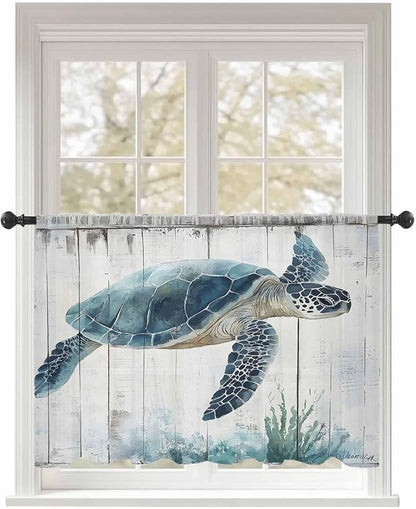 Sheer Curtains 45 Inch Length, Sea Turtle Teal Blue Semi Sheer Curtains Light Filtering Window Treatment, Summer Coastal Ocean Wood Grain Privacy Voile Drapes for Living Room Bedroom 52x45 Inch