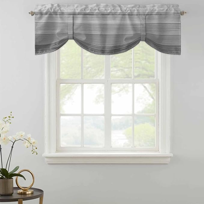 Grey Ombre Wooden Tie Up Valance Curtains for Windows, Kitchen Curtains Window Shades, Farmhouse Retro Gray Wood Gradient Light Filtering Roman Curtain Valances for Bedroom/Bathroom/Cafe 54"x18"
