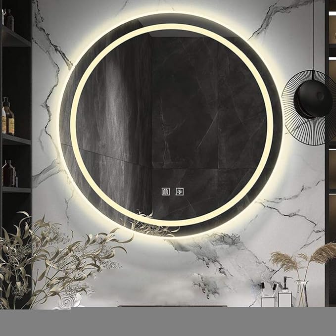 Modern LED Illuminated Bathroom Mirror with Touch Control Switch Demister Pad/3 Color Lights Round Wall Mirror Size: Diameter 50/60/70cm