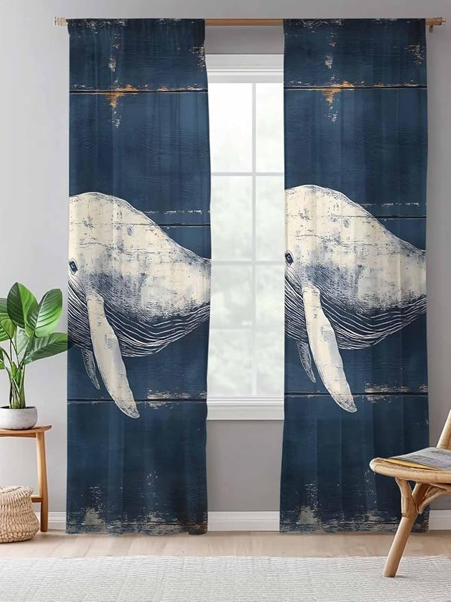 Sheer Curtains 84 Inches Long, Ocean Vintage Whale Semi Sheer Curtains Light Filtering Window Treatment, Summer Retro Wood Grain Privacy Voile Drapes for Living Room Bedroom 52x84 Inch