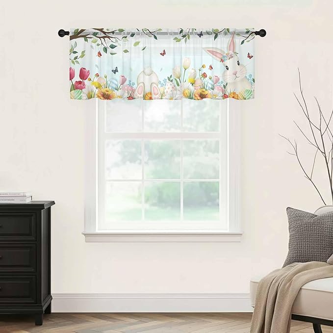 Easter Sheer Valances for Windows 54"x18", Light Filtering Kitchen Curtains Valance, Spring Watercolor Bunny Eggs Tulip Flower Plant Rod Pocket Chiffon Curtains for Living Room Bedroom Cafe