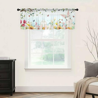 Easter Sheer Valances for Windows 54"x18", Light Filtering Kitchen Curtains Valance, Spring Watercolor Bunny Eggs Tulip Flower Plant Rod Pocket Chiffon Curtains for Living Room Bedroom Cafe