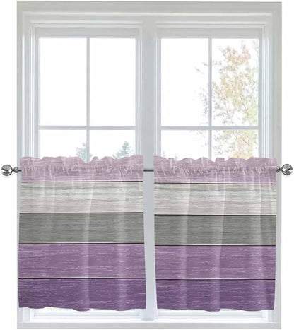 Country Wood Board Gray Purple Window Valance Curtains, Farmhouse Gradient Plank Light Filtering Kitchen Valance with 3-inch Rod Pocket for Living Room Bathroom Bedroom,2 Panel,27.5x24In