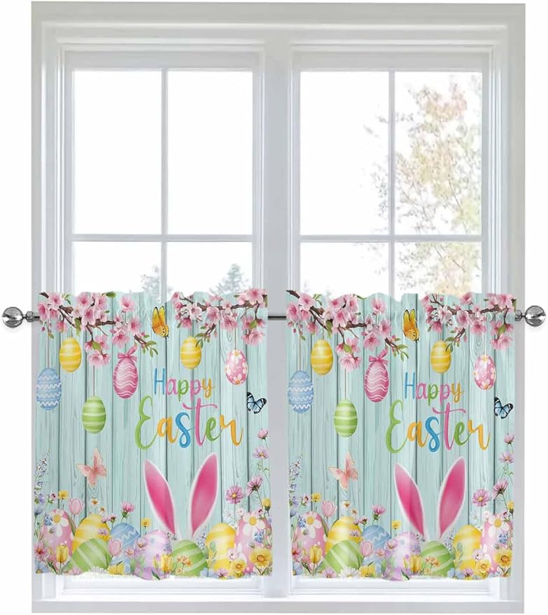 Happy Easter Half Window Curtains 24 Inches Long, Spring Bunny Eggs Flower Teal Wood Grain Window Treatment Curtain Drapes, Short Curtains Tiers for Kitchen Over Sink, 27.5"x24", 2 Panels