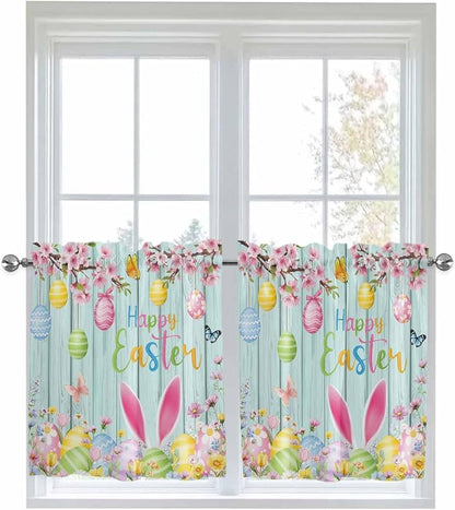 Happy Easter Half Window Curtains 24 Inches Long, Spring Bunny Eggs Flower Teal Wood Grain Window Treatment Curtain Drapes, Short Curtains Tiers for Kitchen Over Sink, 27.5"x24", 2 Panels