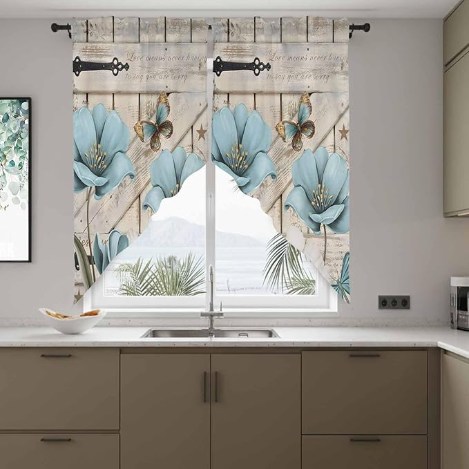 Teal Blue Tulips Swag Valances for Windows, Spring Floral Barn Doors Vintage Wood Beige Rod Pocket Kitchen Curtains Valance, Kitchen Window Curtains Swag for Cafe Living Room, 2 Panels, 36x45 inch
