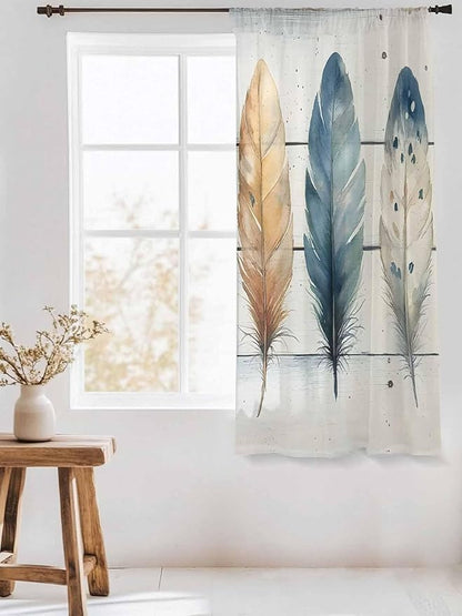Sheer Curtains 63 Inch Length, Boho Blue Feathers Semi Sheer Curtains Light Filtering Window Treatment, Country Vintage Wooden Grain Privacy Voile Drapes for Living Room Bedroom 52x63 Inch