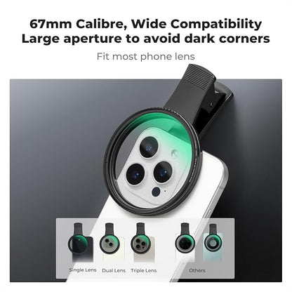 K&F CONCEPT 67mm Clip-on Black Diffusion 1/4&CPL Phone Camera Lens Filter Kit, Mist Cinematic Effect Filter Compatible with iPhone 16 15 14 13 12 11, for Video/Vlog/Portrait Photography