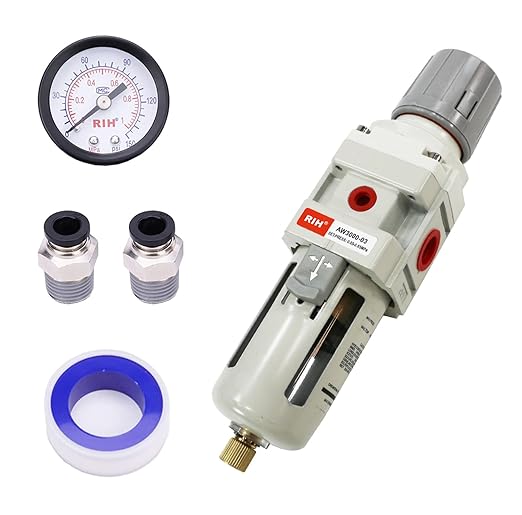 RIH 3/8"NPT Air Filter Pressure Regulator Combo Piggyback, 5 Micron Brass Element, Poly Bowl, Semi-Auto Drain, Metal Bracket, 0-150 psi Gauge Air Tool Compressor Filter with Gauge (3/8"NPT)