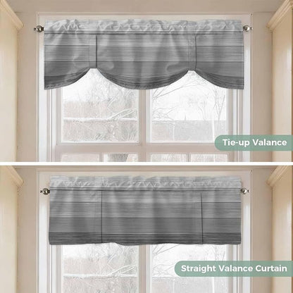 Grey Ombre Wooden Tie Up Valance Curtains for Windows, Kitchen Curtains Window Shades, Farmhouse Retro Gray Wood Gradient Light Filtering Roman Curtain Valances for Bedroom/Bathroom/Cafe 42"x18"