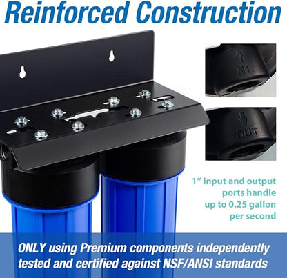 iSpring WGB22BM+AHPF12MNPT16X2 2-Stage Whole House Water Filtration System with 20” x 4.5” Carbon Block and Iron & Manganese Reducing Filters and 3/4" Push-fit Stainless Steel Hose Connectors, Blue